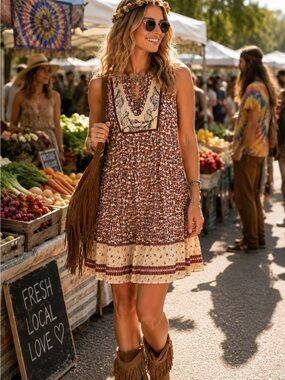 JESSICA SIMPSON Floral Sleeveless Sundress in Cream and Brown
